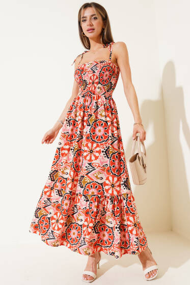 Askılı Gipeli Desenli Elbise Kiremit - Kadın Giyim Modelleri