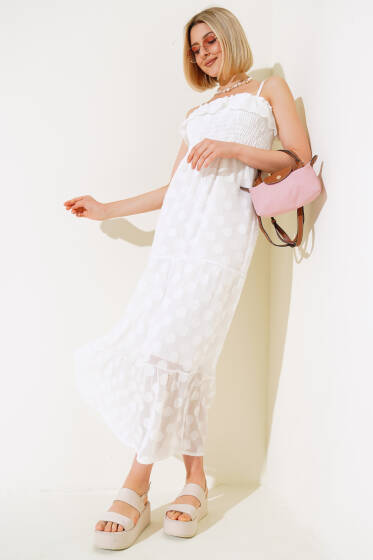 Askılı Gipeli Elbise Ekru - Yeni Giyim