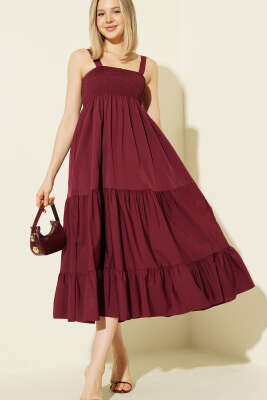 Askılı Gipeli Kat Kat Midi Elbise Bordo - CALİENTE