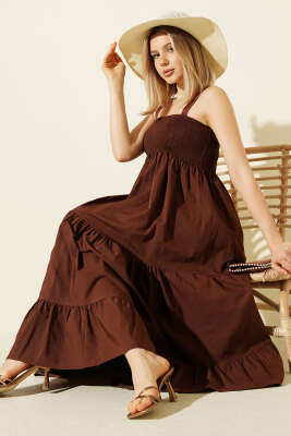 Askılı Gipeli Kat Kat Midi Elbise Kahve - CALİENTE