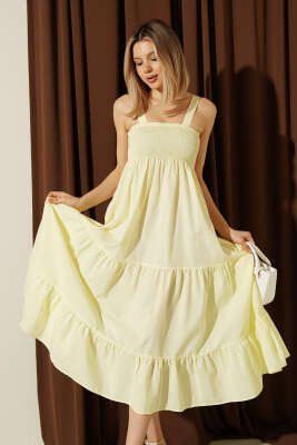 Askılı Gipeli Kat Kat Midi Elbise Sarı - CALİENTE