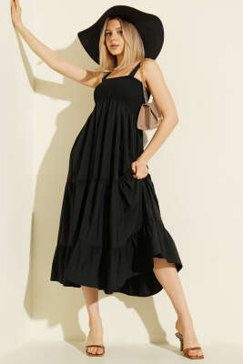 Askılı Gipeli Kat Kat Midi Elbise Siyah - CALİENTE