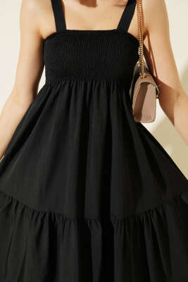 Askılı Gipeli Kat Kat Midi Elbise Siyah - Kadın Giyim Modelleri