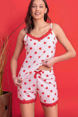 Askılı Kalp Desen Şortlu Pijama Takımı Ekru - Pijama & Gecelik