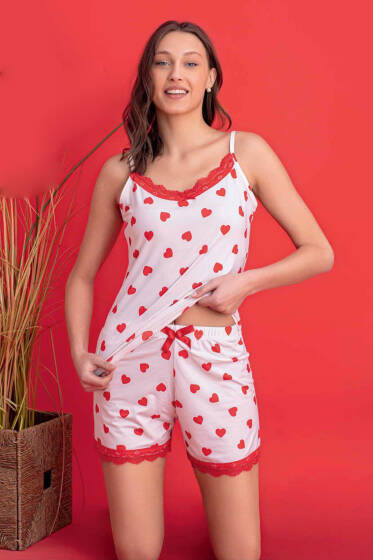 Askılı Kalp Desen Şortlu Pijama Takımı Ekru - Pijama
