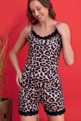 Askılı Leopar Desen Şortlu Pijama Takımı Bej - Kadın Pijama Takımı