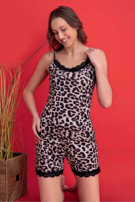 Askılı Leopar Desen Şortlu Pijama Takımı Bej - MANOLYA
