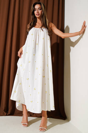 Askılı Limon Desenli Müslin Elbise Ekru - Kadın Giyim Modelleri