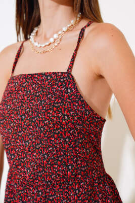 Askılı Mini Çiçekli Elbise Kırmızı - Kadın Giyim Modelleri