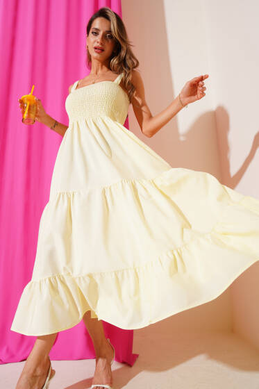 Askılı Önü Gipeli Elbise Sarı - Kadın Giyim Modelleri