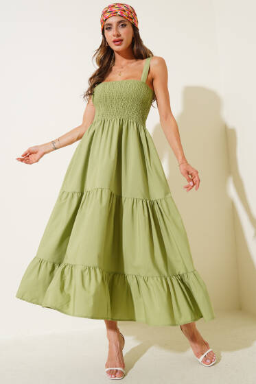 Askılı Önü Gipeli Elbise Yeşil - Kadın Giyim Modelleri