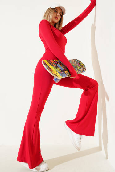 Askılı Scuba Tulum Kırmızı - Kadın Giyim Modelleri