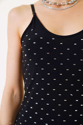 Askılı Taşlı Mini Elbise Siyah - Yılın Fırsatı