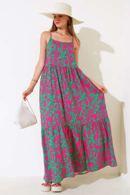 Askılı Viskon Elbise Fuşya Yeşil - Kadın Giyim Modelleri