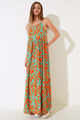 Askılı Viskon Elbise Mint Oranj 