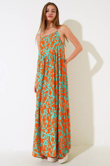 Askılı Viskon Elbise Mint Oranj - Yeni Giyim