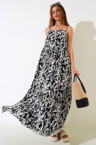 Askılı Viskon Elbise Siyah Beyaz - Yeni Giyim