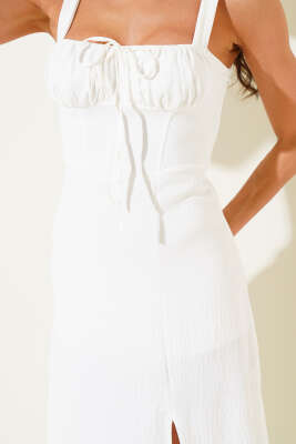 Askılı Yırtmaçlı Midi Elbise Ekru - Kadın Giyim Modelleri