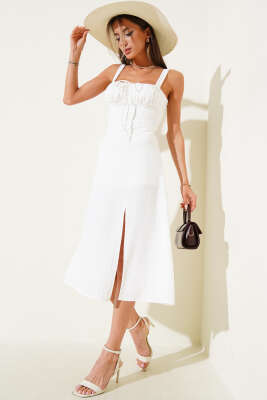Askılı Yırtmaçlı Midi Elbise Ekru - ELEY