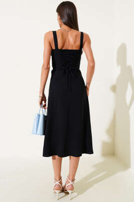 Askılı Yırtmaçlı Midi Elbise Siyah - Kadın Giyim Modelleri