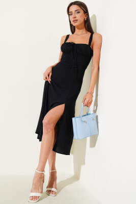 Askılı Yırtmaçlı Midi Elbise Siyah - Kadın Giyim Modelleri