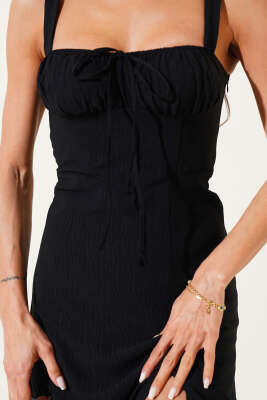 Askılı Yırtmaçlı Midi Elbise Siyah - Kadın Giyim Modelleri