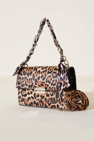 Askısı Fularlı Çanta Leopar Kahve - Kol Çantası