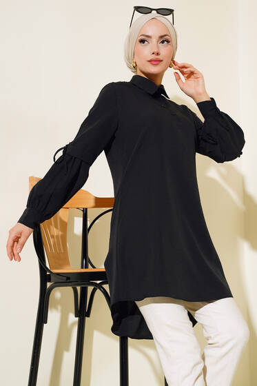 Önü Yarım Düğmeli Tunik Siyah - Tunik