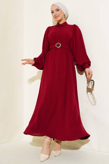 Balon Kol Gömlek Yaka Elbise Bordo - Elbise