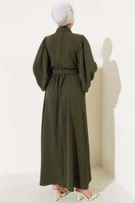 Balon Kol Gömlek Yaka Elbise Koyu Haki - Tesettür Elbise