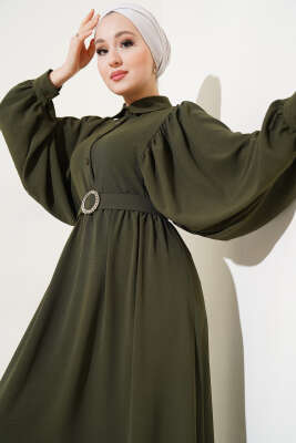 Balon Kol Gömlek Yaka Elbise Koyu Haki - Tesettür Elbise