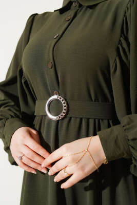 Balon Kol Gömlek Yaka Elbise Koyu Haki - Tesettür Elbise