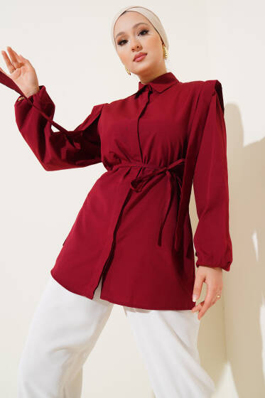 İp Kuşaklı Omuz Pelerinli Gömlek Bordo - Gömlek