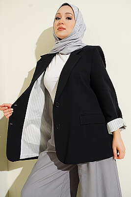 Astarı Çizgili Keten Blazer Ceket Siyah - WENNA DESIGN