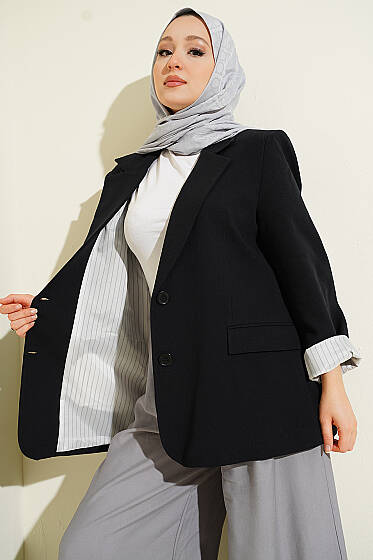 Astarı Çizgili Keten Blazer Ceket Siyah - Ceket