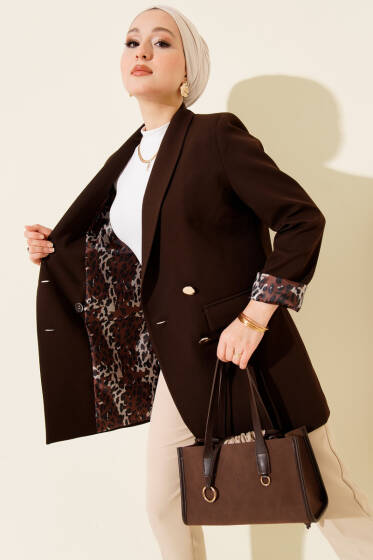 Astarı Leoparlı Kruvaze Ceket Acı Kahve - Ceket