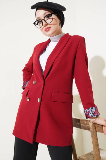 Astarı Leoparlı Kruvaze Ceket Bordo - Ceket