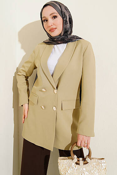 Astarı Leoparlı Kruvaze Ceket Çağla Yeşili - Ceket