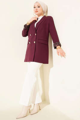 Astarı Leoparlı Kruvaze Ceket Mor - Ceket