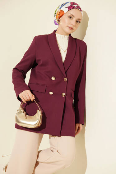 Astarı Leoparlı Kruvaze Ceket Mor - Ceket