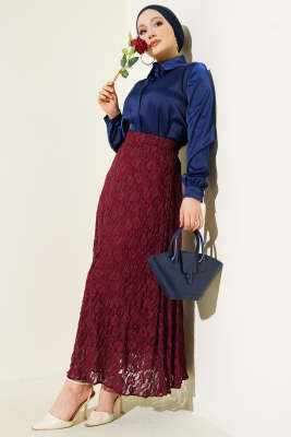 Astarlı Dantelli Etek Bordo - Etek