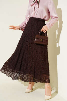 Astarlı Dantelli Etek Kahve - HATUN