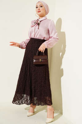 Astarlı Dantelli Etek Kahve - Etek