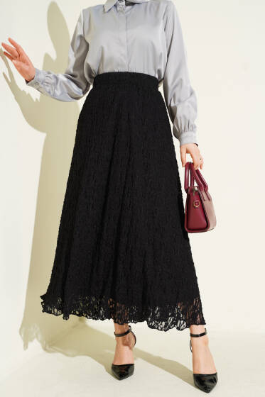 Astarlı Dantelli Etek Siyah - Etek