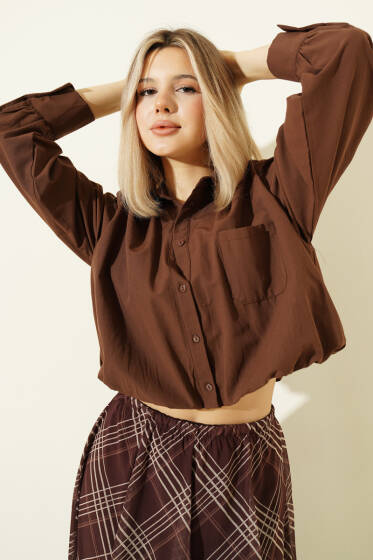 Astarlı Kısa Poplin Gömlek Kahve - Kadın Giyim Modelleri