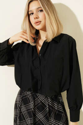 Astarlı Kısa Poplin Gömlek Siyah - CALİENTE