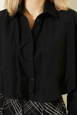 Astarlı Kısa Poplin Gömlek Siyah - Kadın Giyim Modelleri