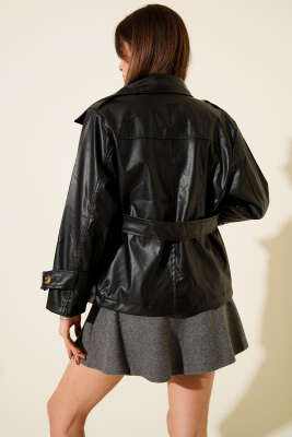 Astarlı Kruvaze Yaka Kısa Deri Trençkot Siyah - Kadın Giyim Modelleri