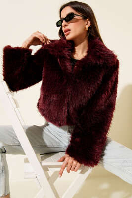 Astarlı Kruvaze Yaka Kürk Mont Bordo 