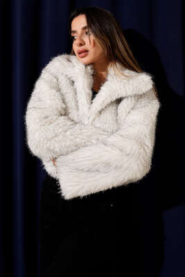 Astarlı Kruvaze Yaka Kürk Mont Ekru 